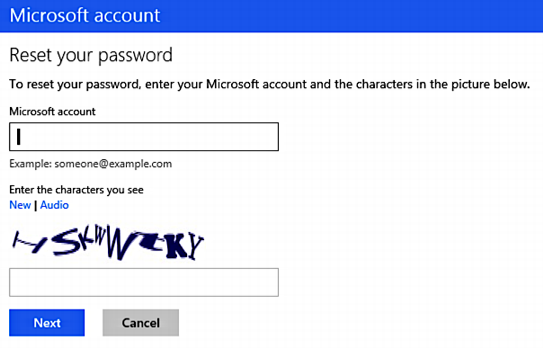 Microsoft account password reset page